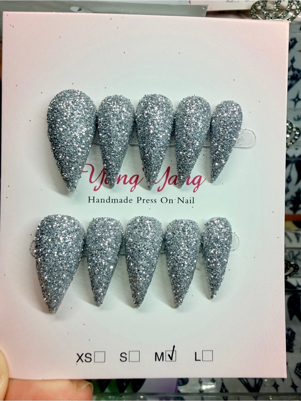 Handmade Silver Glitter Claw Press-On Nails - Medium